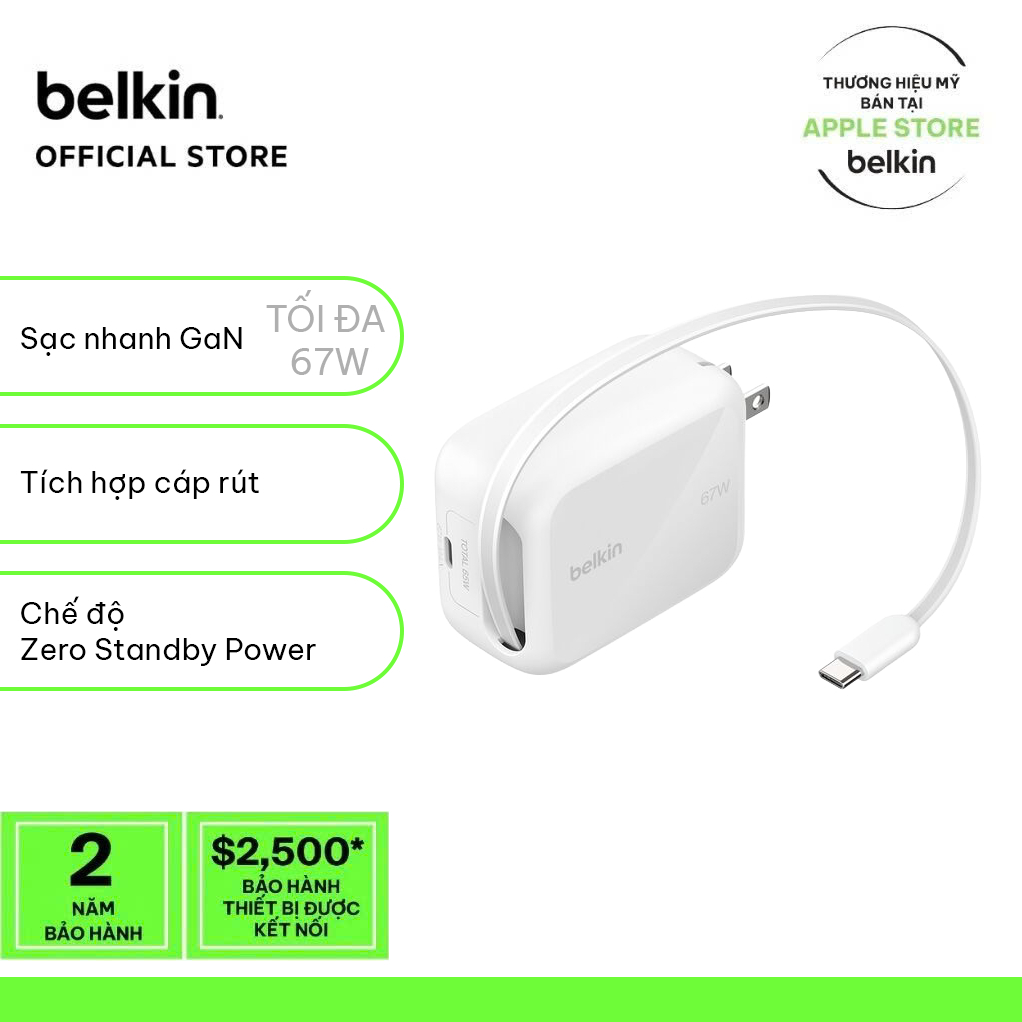 Củ Sạc Belkin GaN 67W 2 Cổng USB-C PD 3.2 PPS Hỗ Trợ AVS Kèm Cáp Rút 1m Sạc Nhanh Tương Thích iPhone 17/18 Macbook iPad