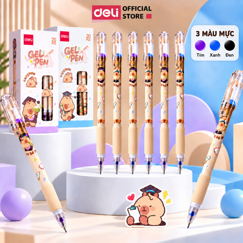[🔥25.9 TẶNG 12 MÀU] Combo 5/10/20 Bút Gel Học Sinh Deli Capybara Ngòi 0.5mm Mực Tím/Xanh/Đen - Bút Bi Nước Có Đẹm Đệm