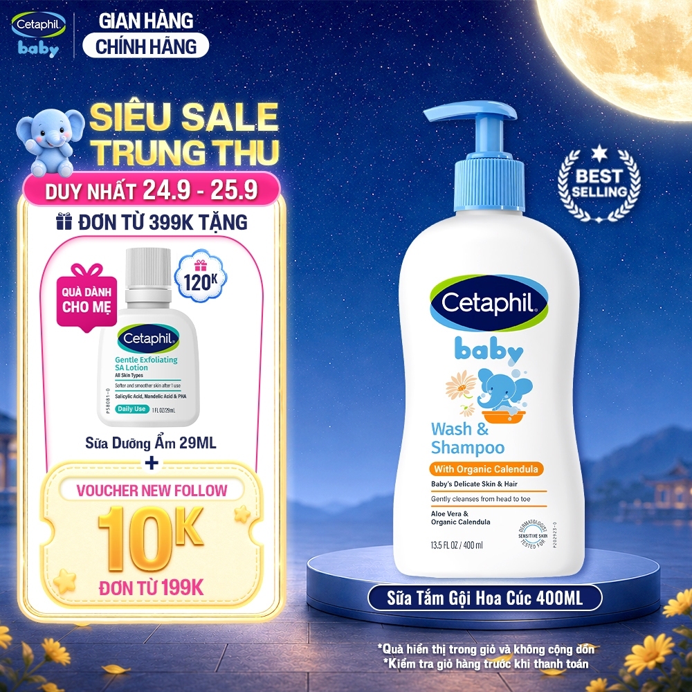 Sữa tắm gội dưỡng ẩm dịu lành cho bé với Calendula hoa cúc hữu cơ CETAPHIL BABY W&SHAMPOO CALENDULA 400ML
