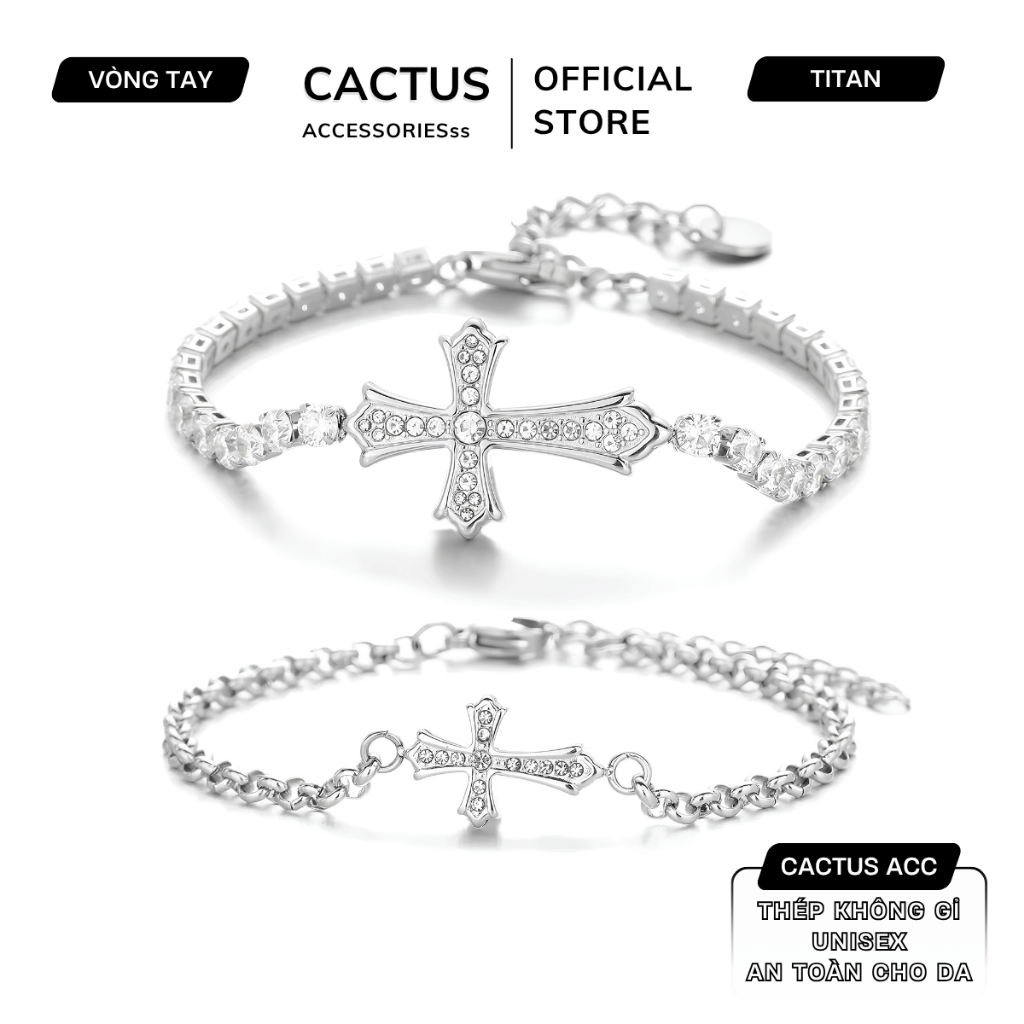 Vòng tay nam nữ Titan không gỉ Cactus Acc xích tròn chữ thập đính đá, vòng tay cặp đơn giản Freesize
