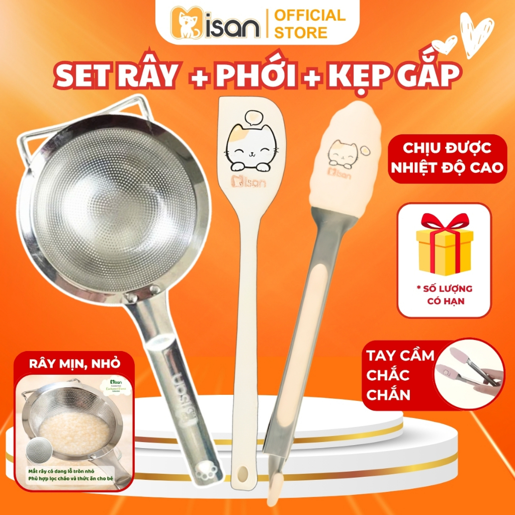 Combo Rây Inox-Phới-Kẹp, Bộ Dụng Cụ Làm Bếp Nấu Ăn Tối Ưu, Tiện Ích Misan An Toàn, Tiện Lợi