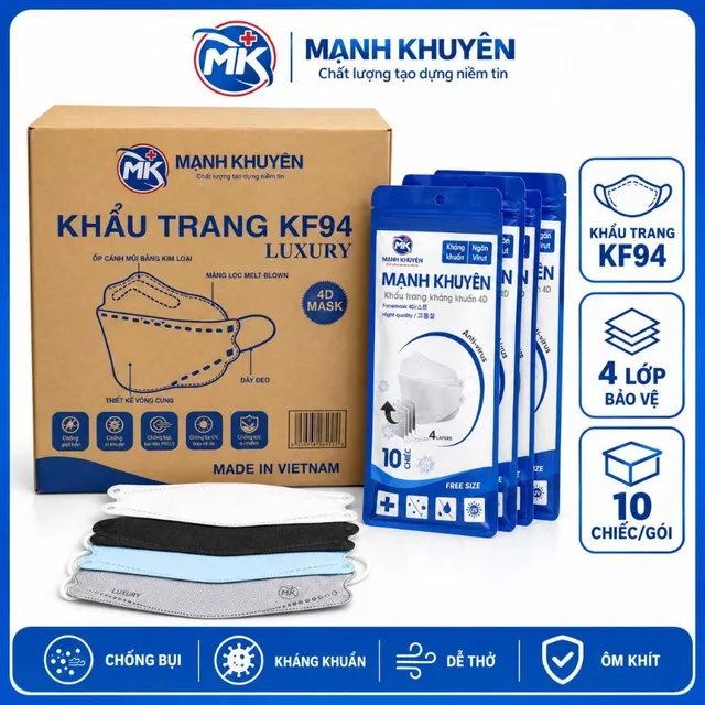 [Combo 300-600-900] Khẩu trang KF94, Khẩu trang Mạnh Khuyên 4 lớp, không gây kích ứng, không đau tai
