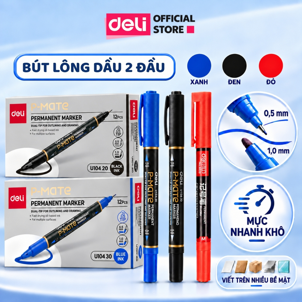 [🔥DEAL MỞ BÁN] Bút Lông Dầu Dạ Kính 2 Đầu Tiện Dụng, Mực Đậm Nhanh Khô, Chống Nước, Viết Trên Nhiều Bề Mặt