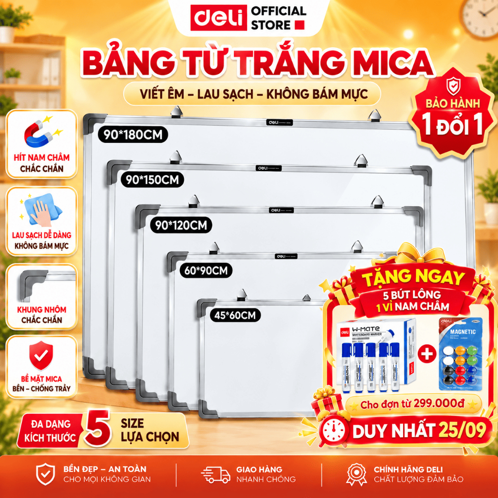 [🔥VOUCHER 20%+TẶNG BỘ PHỤ KIỆN] Bảng Từ Trắng Deli Treo Tường Nhiều Kích Thước – Bảng Mica Nam Châm Viết Bút Lông Kèm
