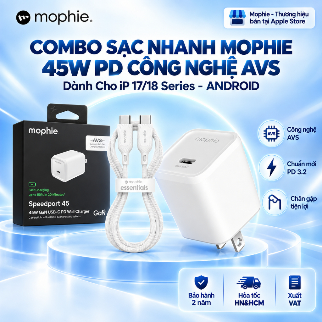 [iP Duo/18/17 Series/ Android] Combo Sạc Nhanh Mophie PD 45W Công Nghệ GaN/AVS Tối Ưu Điện Năng, Bảo Hành 2 Năm