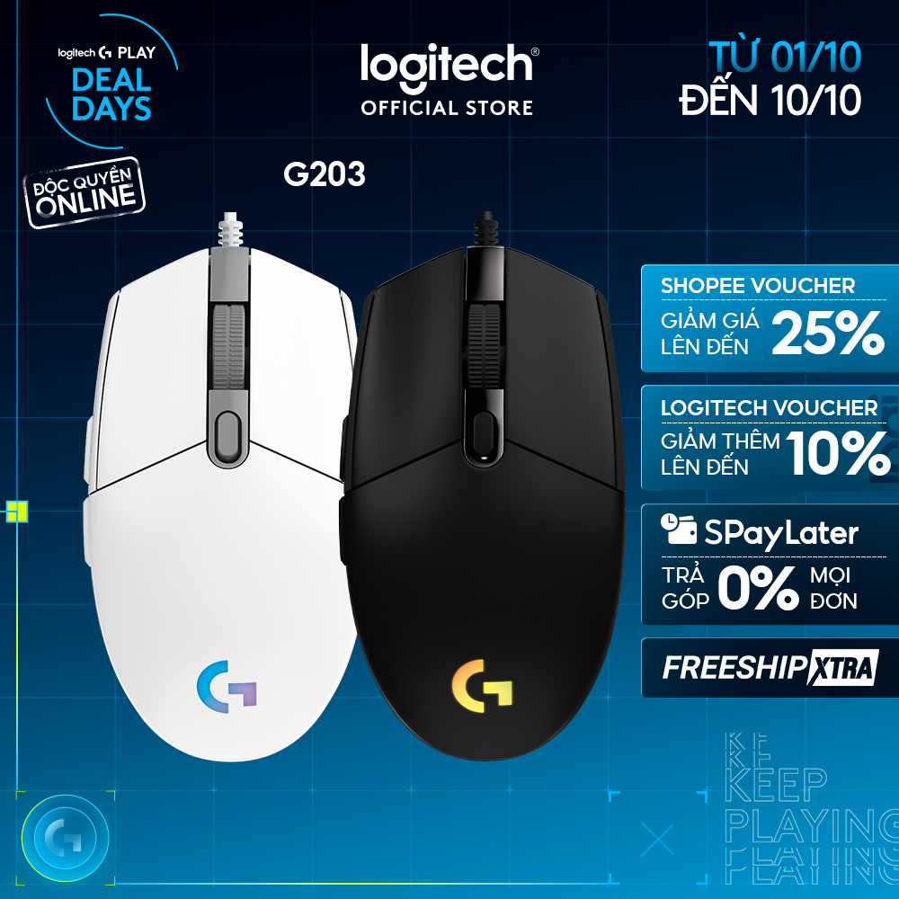 Chuột gaming có dây Logitech G203 Lightsync - Tùy chỉnh RGB, 6 nút lập trình, nhẹ