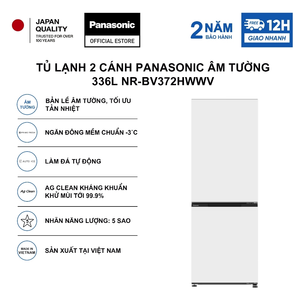 Tủ lạnh 2 cánh Panasonic âm tường 336 lít NR-BV372HWWV thép trắng, đông mềm, làm đá tự động