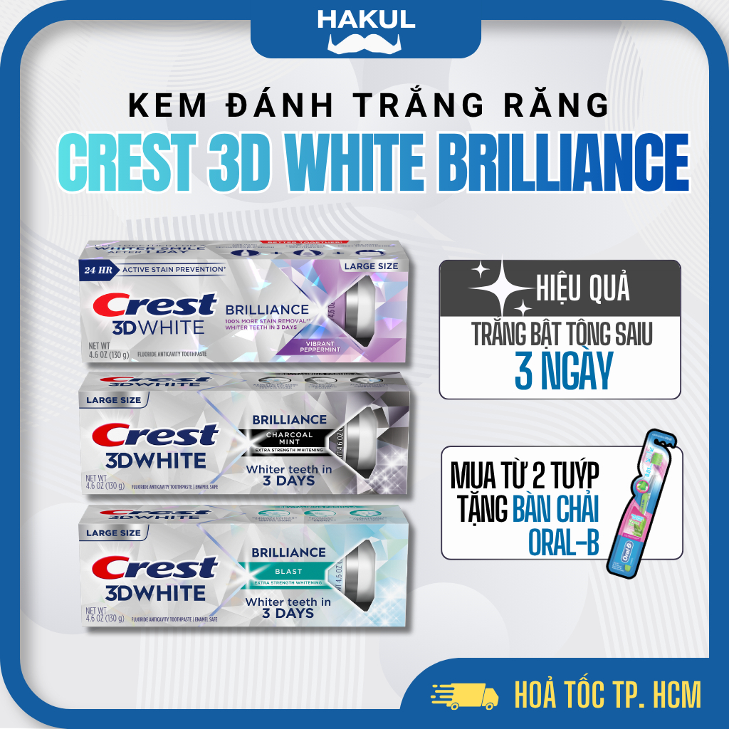 Kem Đánh Răng Crest 3D White Brilliance Trắng Răng Sạch Mảng Bám - Vị Bạc Hà, Than Tre, The Bùng Nổ Chính Hãng Mỹ
