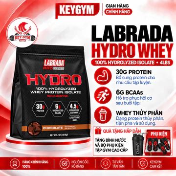 [TẶNG phụ kiện+bình][BBT] Labrada Whey HYDRO (1.8kg) 100%Whey Protein Hydrolyzed Isolate,30g Protein - KEYGYM