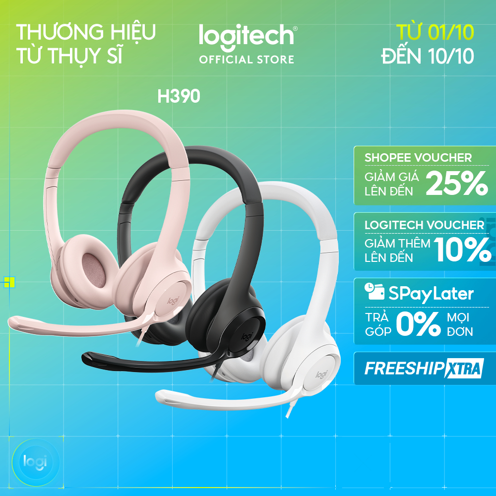 Tai nghe có dây Logitech H390 - Mic giảm ồn, quai đeo, chụp tai có đệm, kết nối USB-A