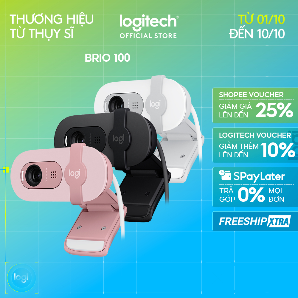 Webcam Full HD Logitech Brio 100 - Cân bằng ánh sáng, Mic, Màn chập, USB-A, Google Meet, Zoom