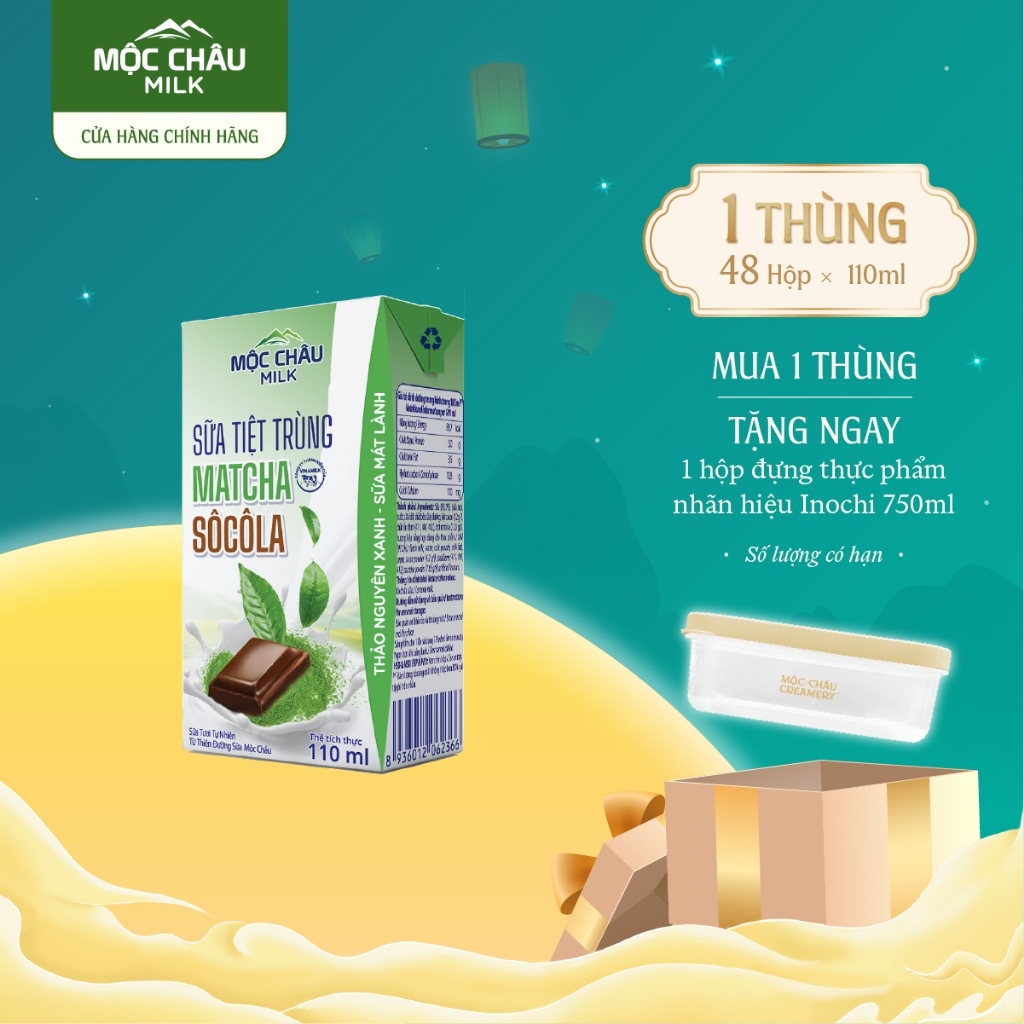 Thùng 48 Hộp 110ml Sữa Tươi Tiệt Trùng Matcha Socola Mộc Châu Milk