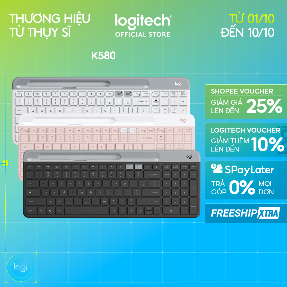 Bàn phím không dây Bluetooth Logitech K580 - Kết nối đa thiết bị, mảnh gọn, PC/ iPad