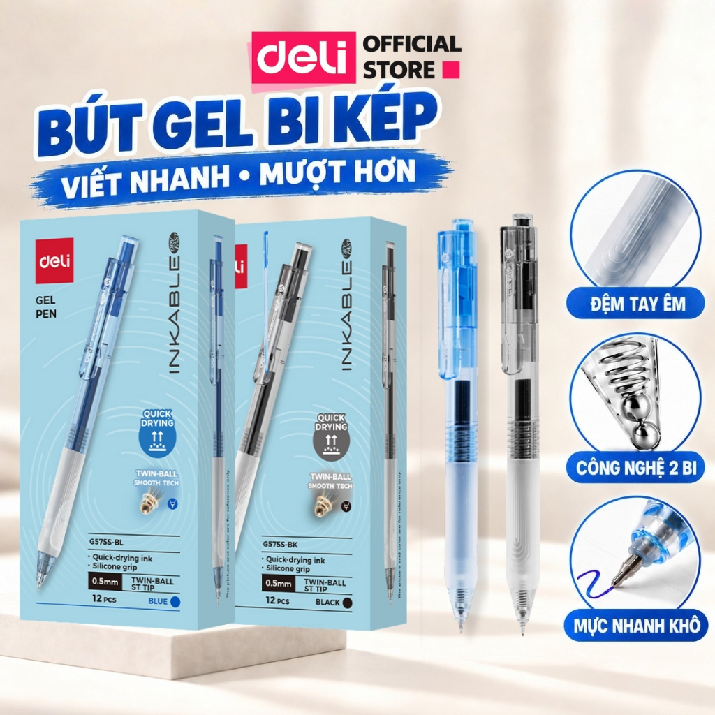 [🔥NÂNG CẤP] Bút Bi Gel Bấm Deli Ngòi ST 2 bi 0.5mm Viết Trơn Mượt Cho Học Sinh Văn Phòng