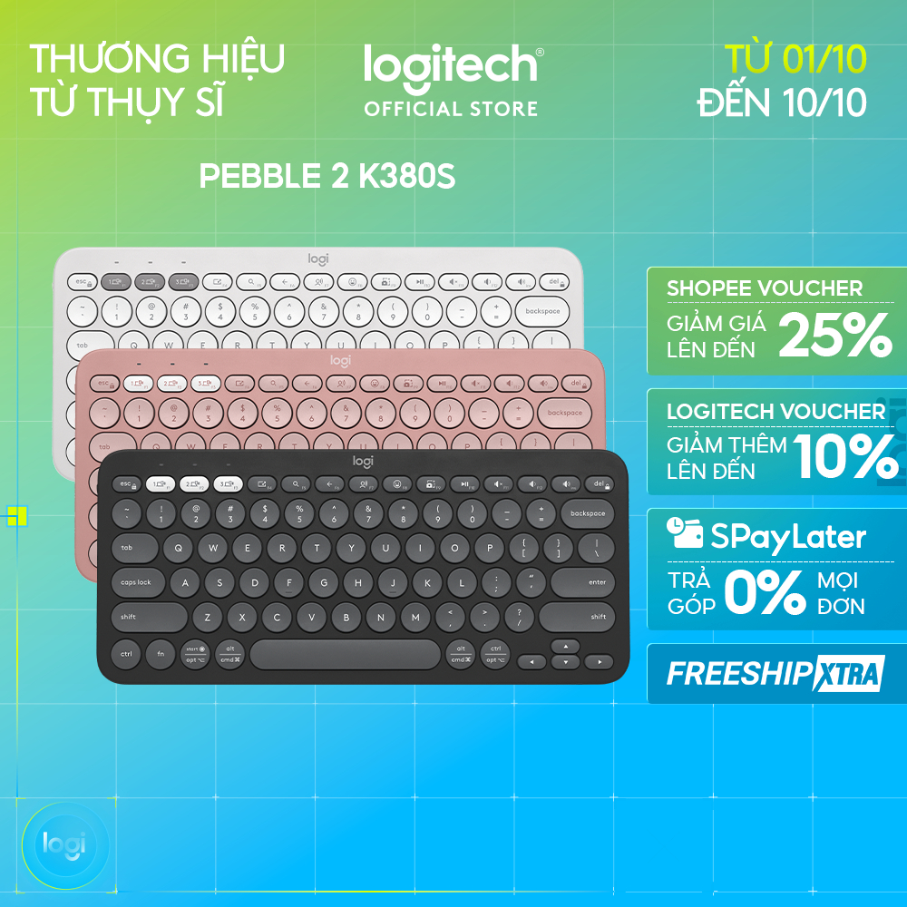 Bàn phím Bluetooth Logitech K380s Pebble 2 - Đa thiết bị, Phím tắt tùy chỉnh, Mỏng nhẹ, Easy-Switch