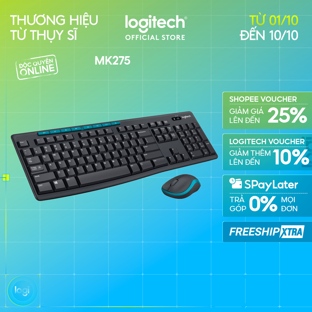 Combo chuột phím không dây Logitech MK275 - Phím media & viền chuột nổi bật, 1 đầu USB