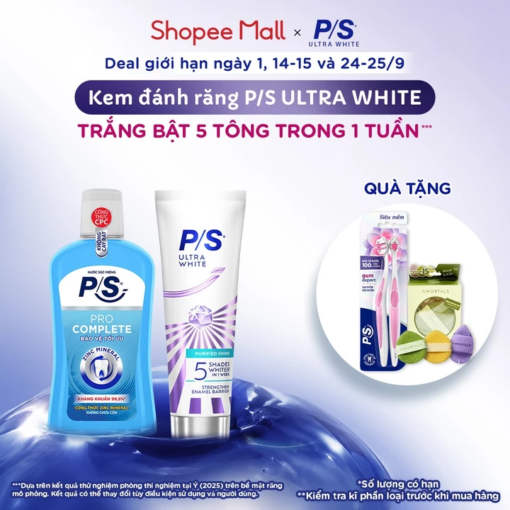 [MỚI]Kem đánh răng P/S Ultra White Trắng Bật 5 Tông 100g+Bàn Chải P/S Chăm Sóc Nướu+Nước Súc Miệng P/S Kháng Khuẩn 500ml
