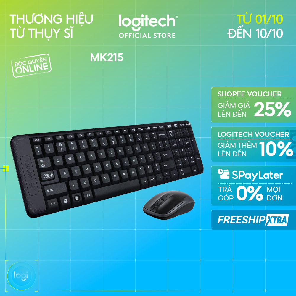 Combo chuột phím không dây Logitech MK215 - nhỏ gọn, có phím số, 1 đầu thu USB