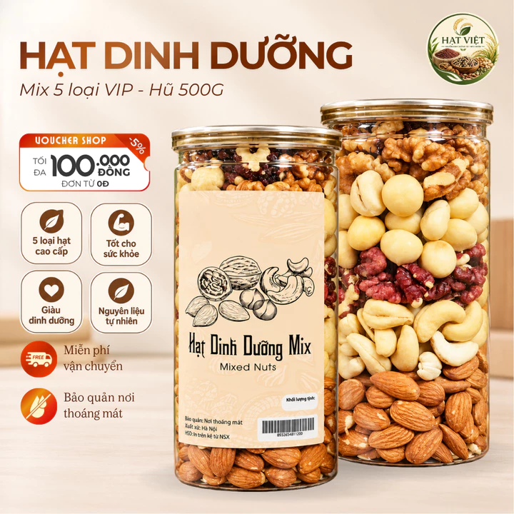 Hạt Dinh Dưỡng Mix 5 Loại Hạt VIP Cao Cấp Hũ 500g, Hạt Mix Ăn Liền Thơm Ngon Giàu Dinh Dưỡng