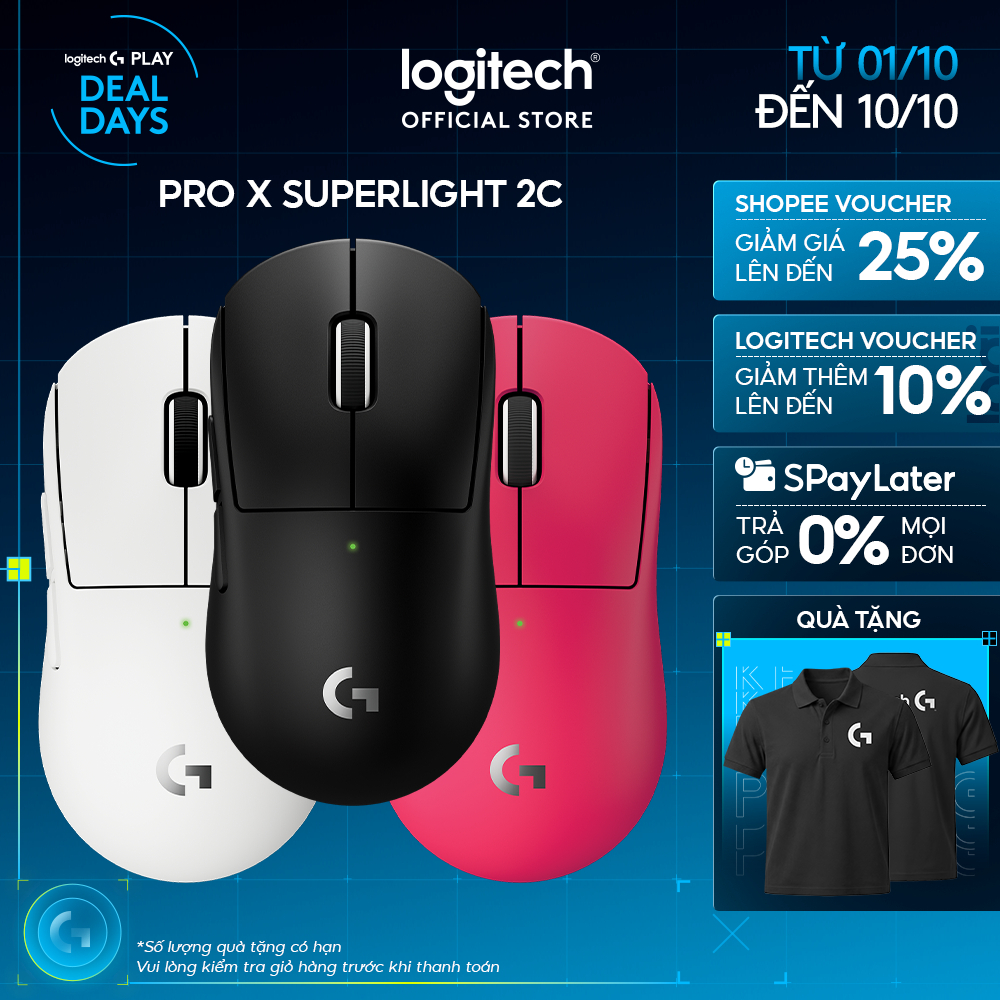 Chuột Gaming không dây Logitech G PRO X SUPERLIGHT 2c - Chuẩn Pro-Grade, Nhẹ 51g, sạc USB-C, cảm biến 44K DPI