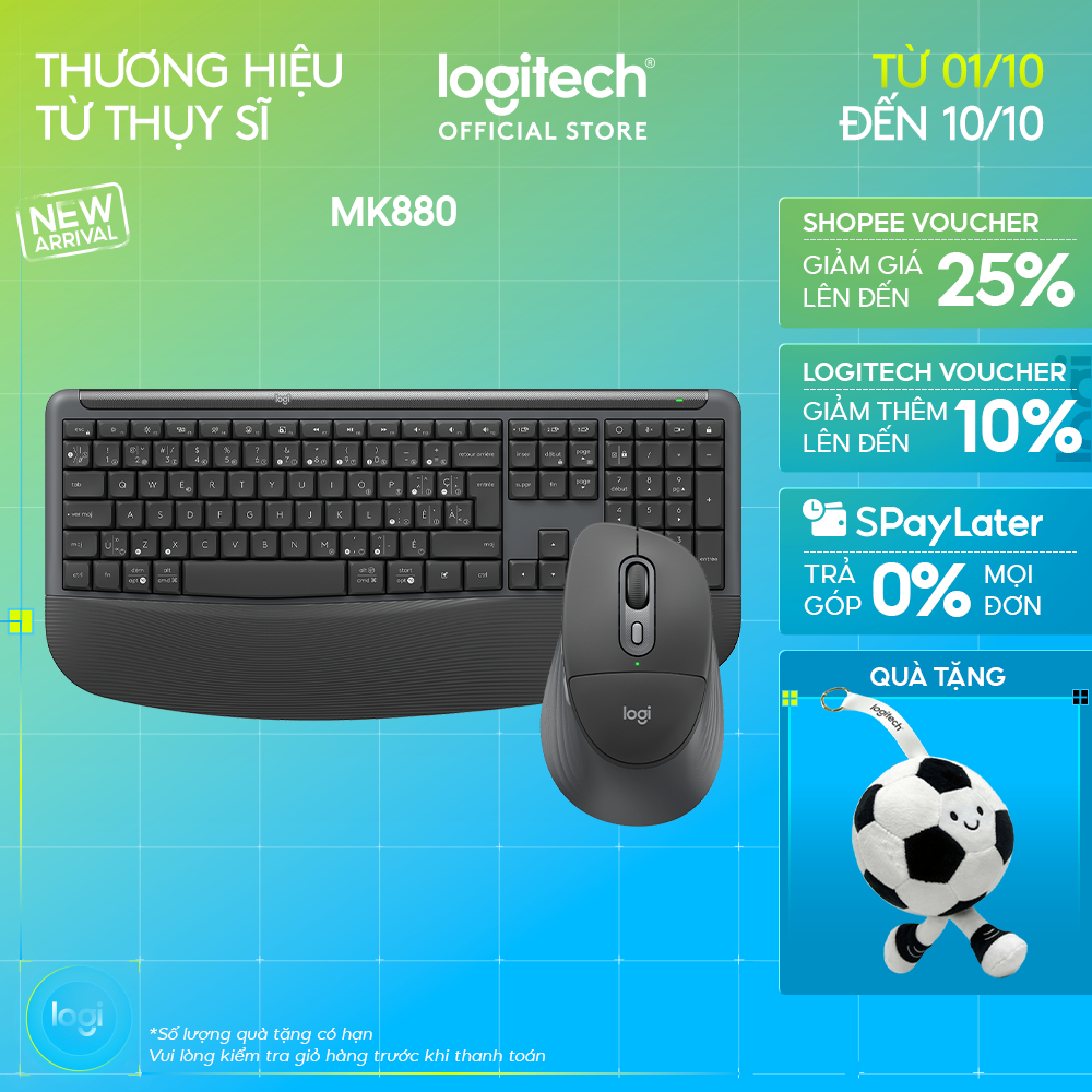 Combo Bàn phím và Chuột không dây Logitech Signature Comfort Plus Combo MK880, bàn phím thoải mái kèm kê tay, Silent