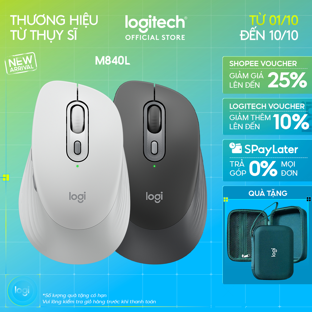 Chuột Bluetooth Logitech Signature Comfort M840 L - Nhấp êm ái, SmartWheel, Nút tùy chỉnh, tương thích Windows, OS