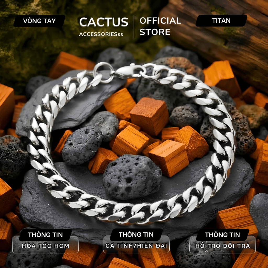 Vòng tay Titan thép không gỉ dạng xích retro Cactus Acc, vòng tay nam kiểu dáng cá tính lắc tay nữ
