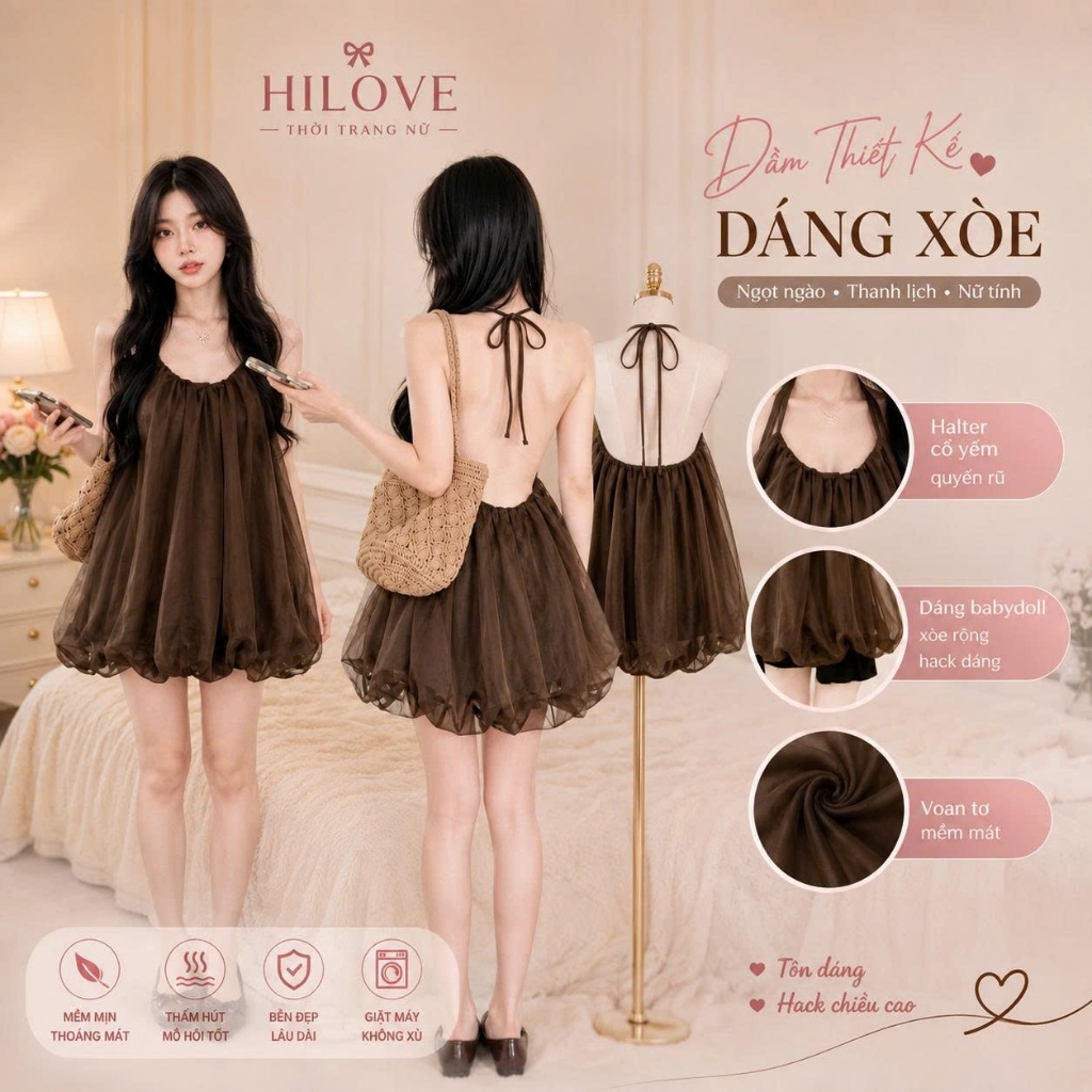 Áo váy tơ áo yếm  Đầm nữ hở lưng dáng babydoll màu nâu phong cách Hàn Quốc – Váy ngắn sexy nữ tính đi chơi dự tiệc