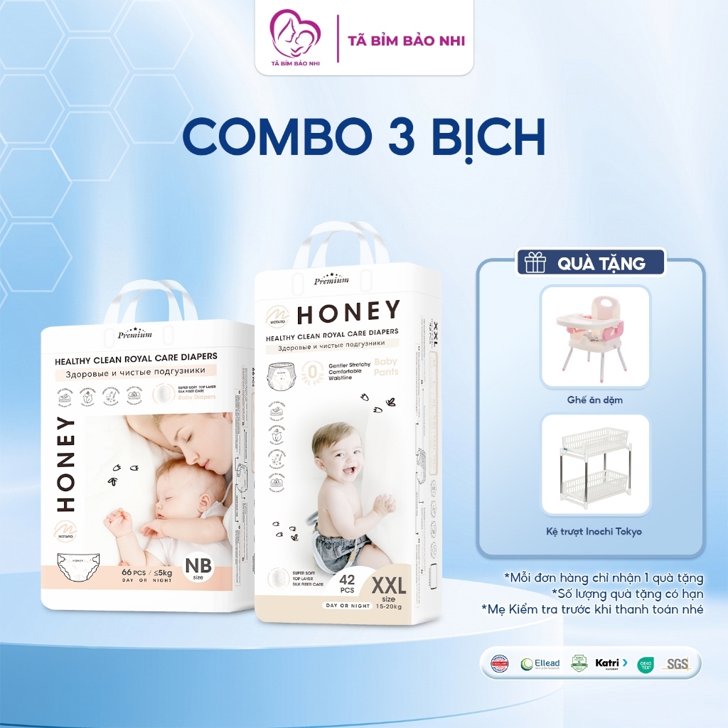 (Combo 3 bịch tặng quà) bỉm Honey Premium dán/quần, tã siêu mỏng nhẹ cho bé thoải mái đóng ngày đêm