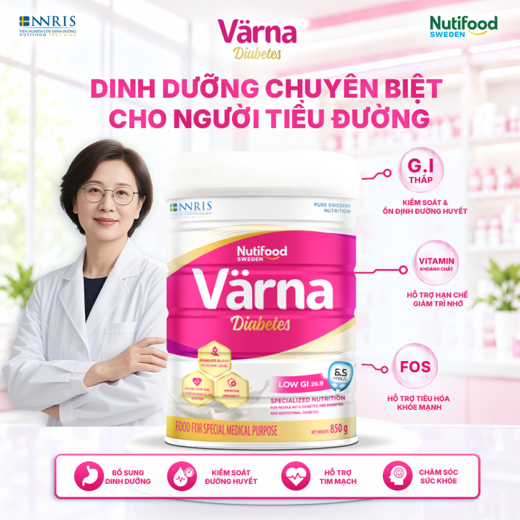 Sữa Bột Tiểu Đường VARNA DIABETES Lon (850gr) - GI Thấp, Hỗ Trợ Ổn Định Đường Huyết