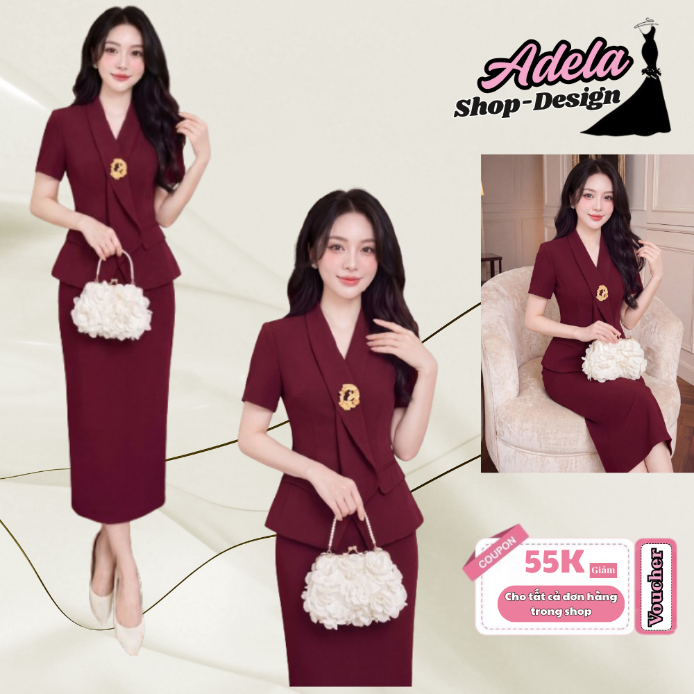 Set Váy Công Sở ADELA DESIGN Gold Nhật Cao Cấp Đỏ Rượu Vang Áo Vest Cổ V Tag Cài Rời Chân Váy Bút Chì Xẻ Tà Sau MDU6691