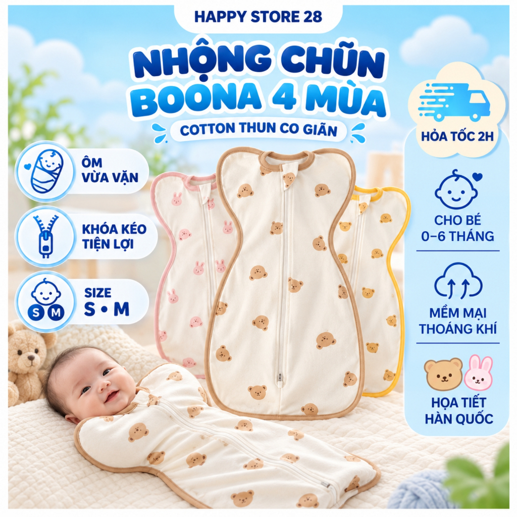 Nhộng chũn quấn cho bé sơ sinh 0-6 tháng Boona, ủ kén cho bé ngủ ngon sâu giấc chống giật mình