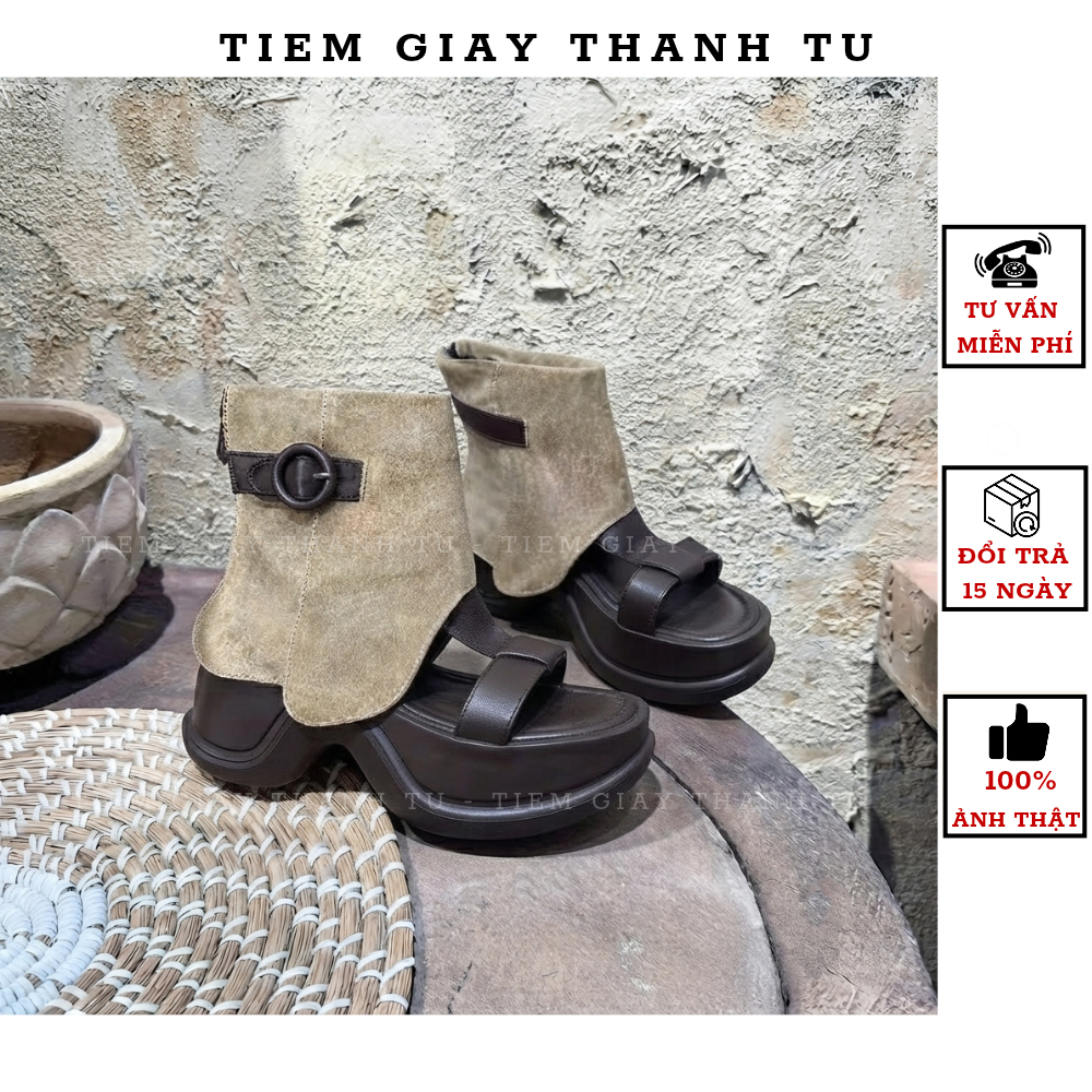 Giày Boot Sandal Nữ Hở Mũi Đế Bánh Mì Cao Cấp, Sandal Boot Da Lộn Quai Khóa Tròn Hot Trend Hàng QC