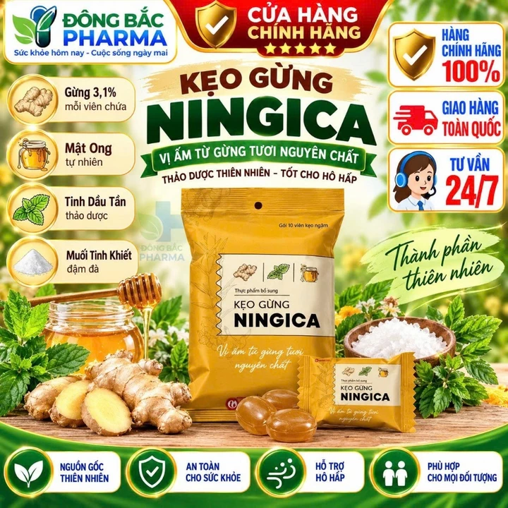 Trà/kẹo gừng Nam Dược Ningica mẫu mới- Hộp 20 gói - Dùng cho người bị cảm lạnh, huyết áp thấp