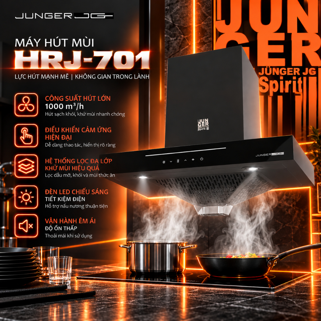 [RẺ VÔ ĐỊCH] Máy Hút Mùi Junger JG HRJ-701 1000m3/h, Cảm Biến Khí Gas CO2, 3 Cấp Độ Hút Khỏe Bảo Hành 24 Tháng