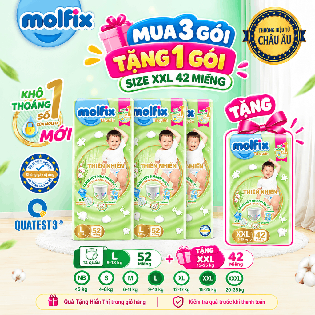 [Tặng 1 gói size XXL 42 miếng] Combo 3 Tã/bỉm quần Molfix Thiên nhiên Super Jumbo sợi bông cotton đủ size cho Bé