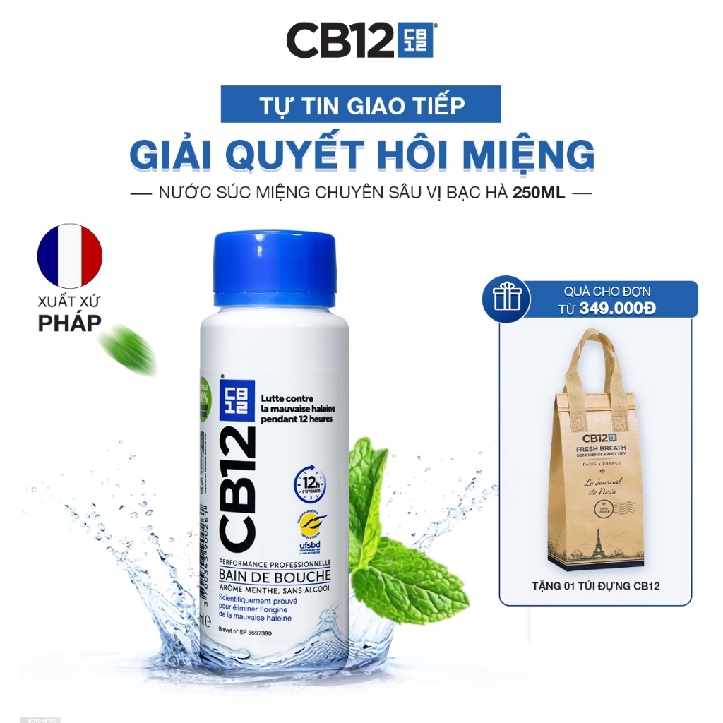 Nước Súc Miệng Kiểm Soát Hơi Thở 12H CB12 Mint Hương Bạc Hà 250ml - Khử Hôi Miệng - Không Cồn, Dịu Nhẹ