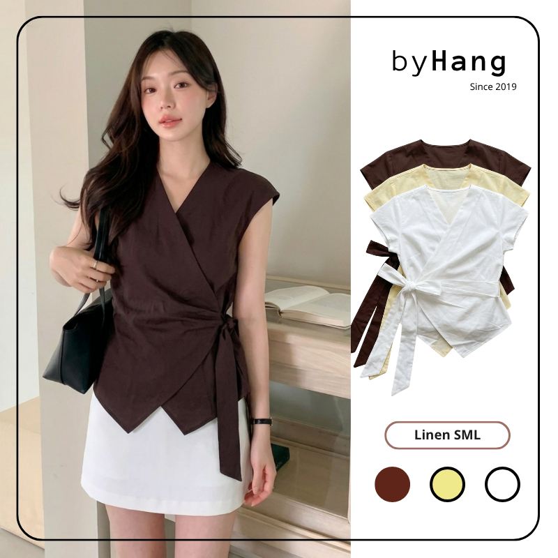 Áo kiểu nữ linen lệch tà thắt eo buộc nơ phong cách Hàn Quốc, áo nữ linen màu basic 𝐅𝐚𝐲𝐞 𝐓𝐨𝐩 | 𝐛𝐲𝐇𝐚𝐧𝐠
