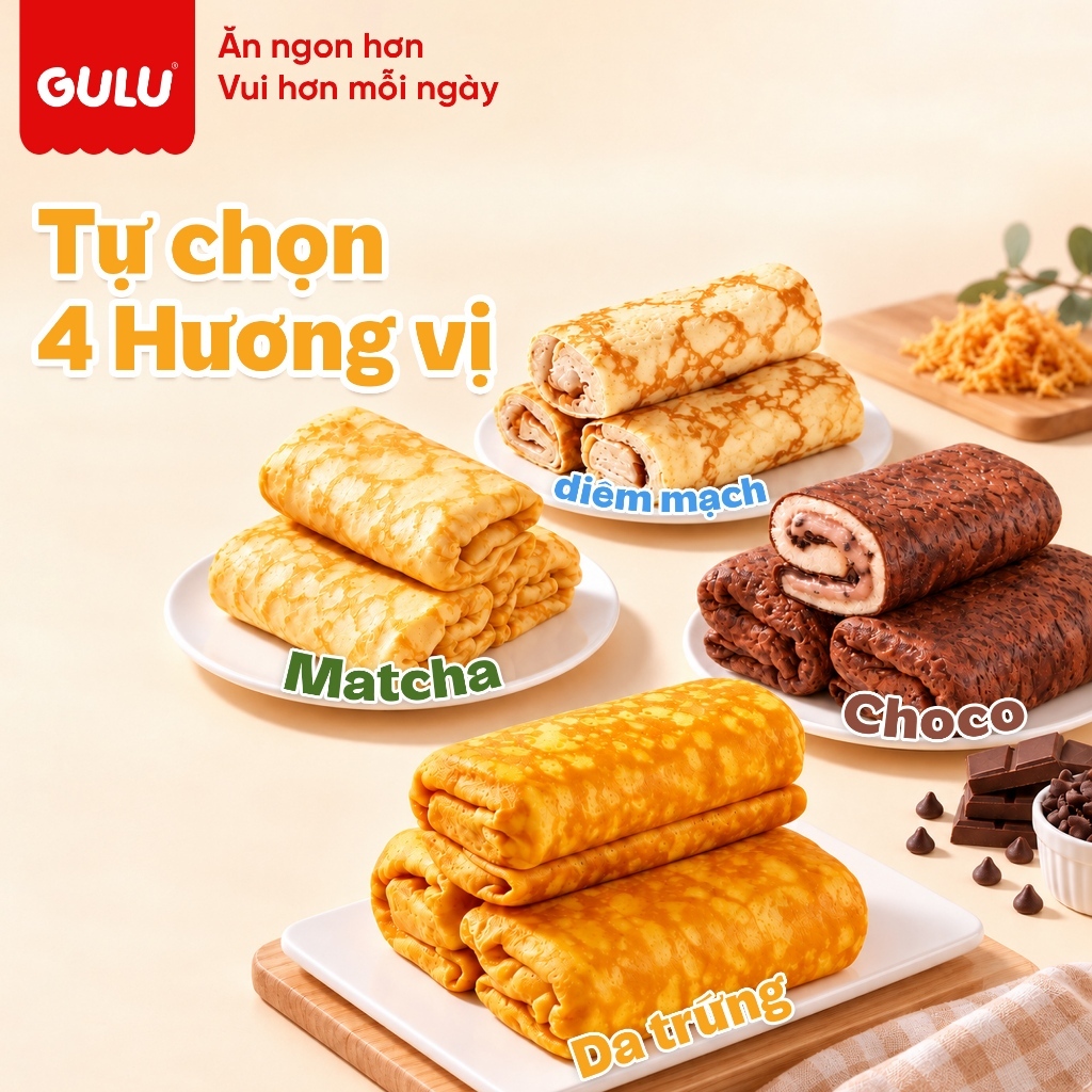 [Tổng Hợp] Bánh Cuộn Dinh Dưỡng Ăn Sáng GULU FOODS (Da Trứng, Diêm Mạch, Choco, Matcha, Ruốc)