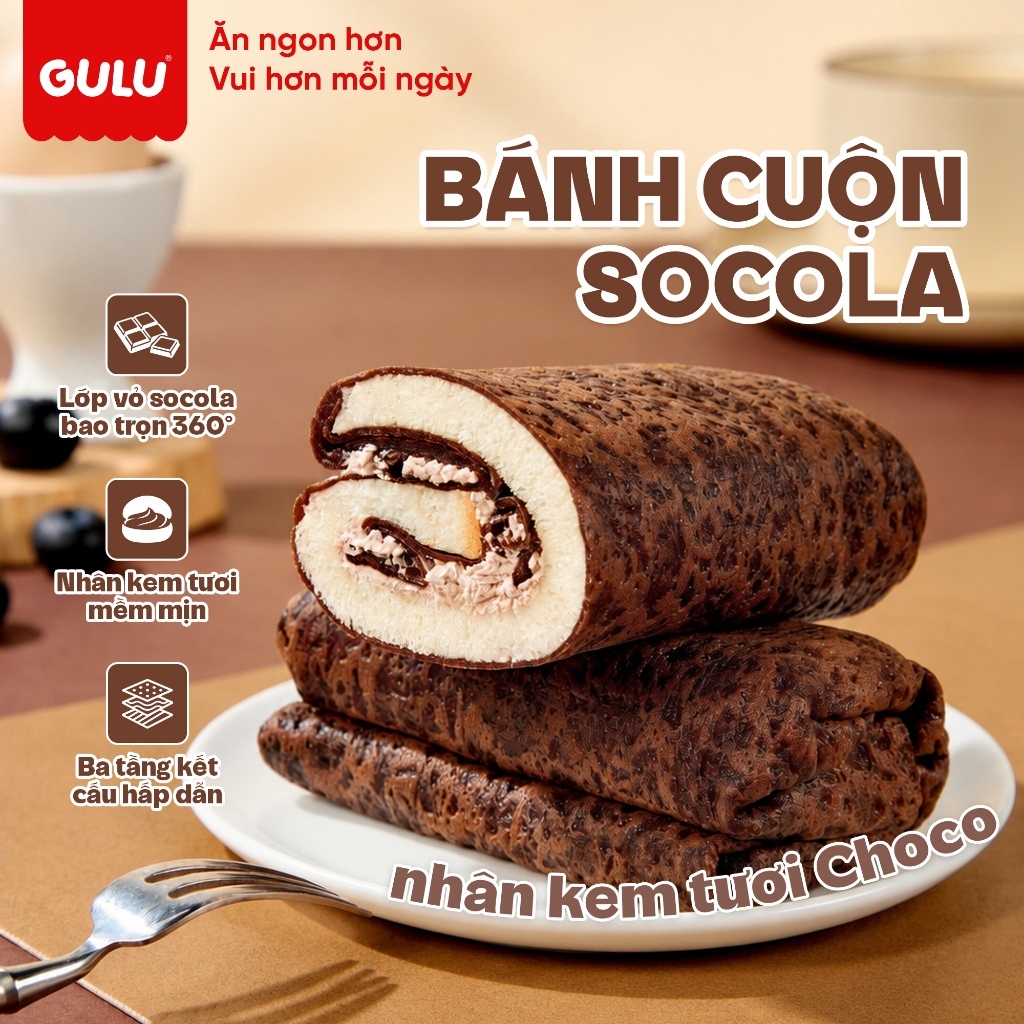 [Mới] Bánh Cuộn Socola Nhân Kem Tươi Choco gulu Mềm Mịn Cùng Vụn Cookie Choco Ngọt Nhẹ