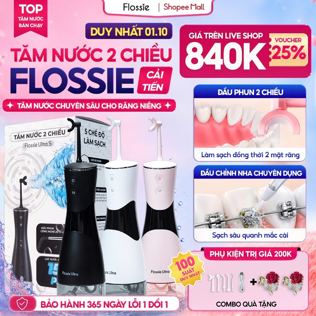 [GIÁ 840K LIVE SHOP] Tăm Nước 2 Chiều FLOSSIE ULTRA Vòi Phun 2 Chiều Đầu Xoay 360 Độ Phù Hợp Người Niềng Răng, LIS