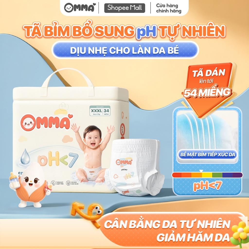 Tã bỉm quần dán Em Bé OMMA pH<7 hỗ trợ kháng khuẩn, mềm mại, chống tràn, khô thoáng cả ngày S/M/L/XL/XXL/XXXL
