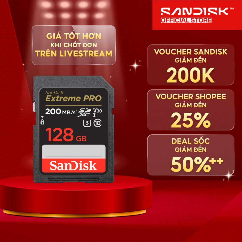 Thẻ nhớ SDHC SDXC Sandisk Extreme Pro 32GB/64GB/128GB V30 U3 C10 UHS-I upto 200MB/s Bảo hành trọn đời