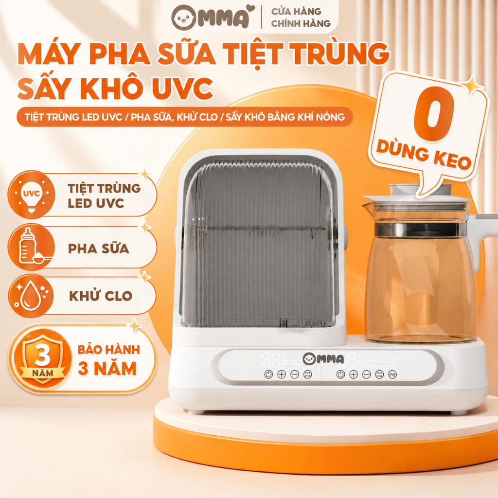 Máy đun hâm pha sữa và sấy khô tiệt trùng UVC OMMA 208 - Đa chức năng - Bảo hành 3 năm