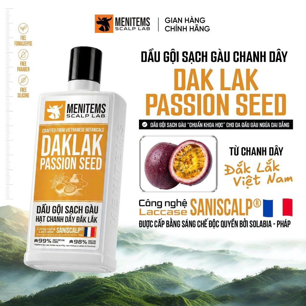 Dầu Gội Sạch Gàu Chanh Dây Chuẩn Khoa Học Dak Lak Passion Seed Menitems Scalp Lab 350ML, Giảm Gàu Ngứa Da Đầu Cho Nam