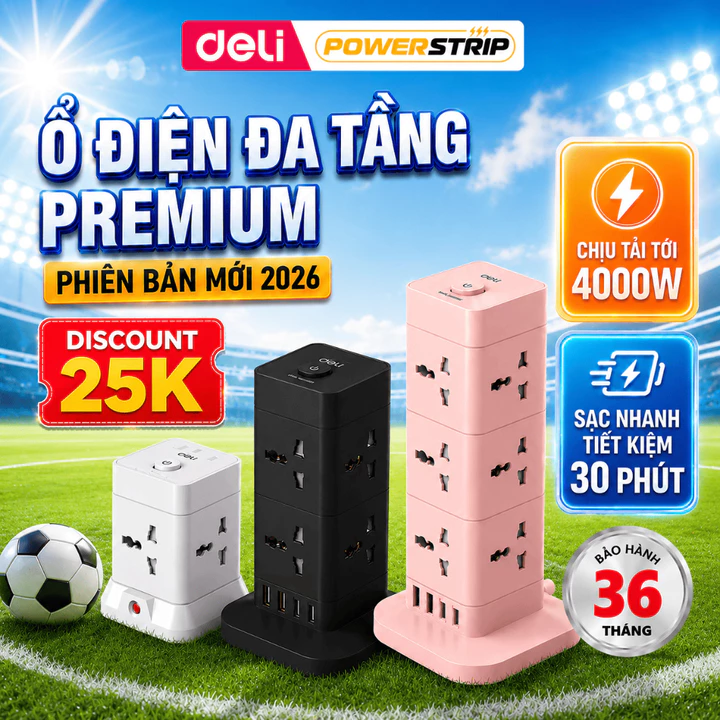 [🔥BIG SALE] Ổ Cắm Điện Dáng Trụ, Ổ Điện Tháp DELI 8-12 Lỗ Cắm Cổng Sạc USB TypeC Nút Bảo Vệ Quá Áp Công Suất 2500W