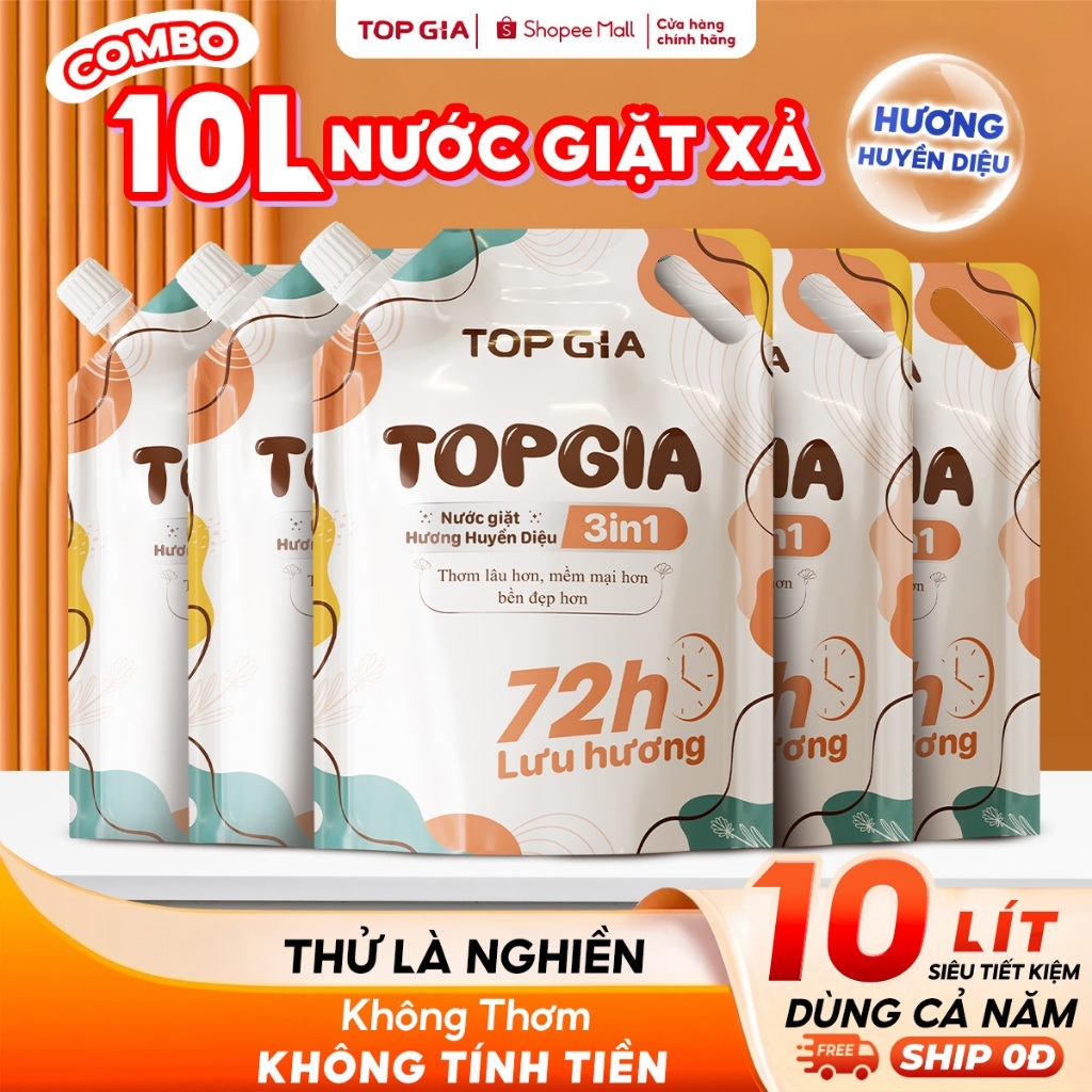 [COMBO 10L] Nước Giặt Xả TopGia 3in1 Hương Huyền Diệu Túi 2L, An Toàn Dịu Nhẹ, Lưu Hương Bền Lâu 72H
