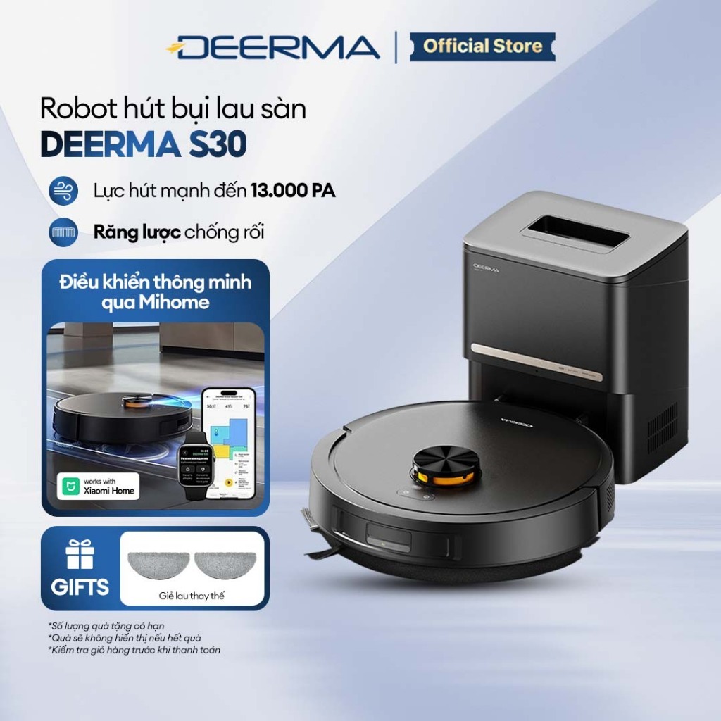 Robot hút bụi lau sàn đa năng Deerma S30 lực hút 13.000Pa kèm trạm sạc tự động gom bụi thông minh - Bảo hành 24 tháng