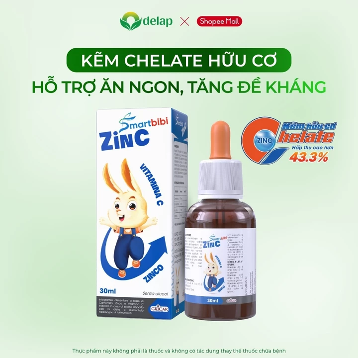 Kẽm Chelate Hữu Cơ Smartbibi ZinC Cho Bé - Hỗ Trợ Ăn Ngon cho bé từ Italia TPBVSK Chai 30ml