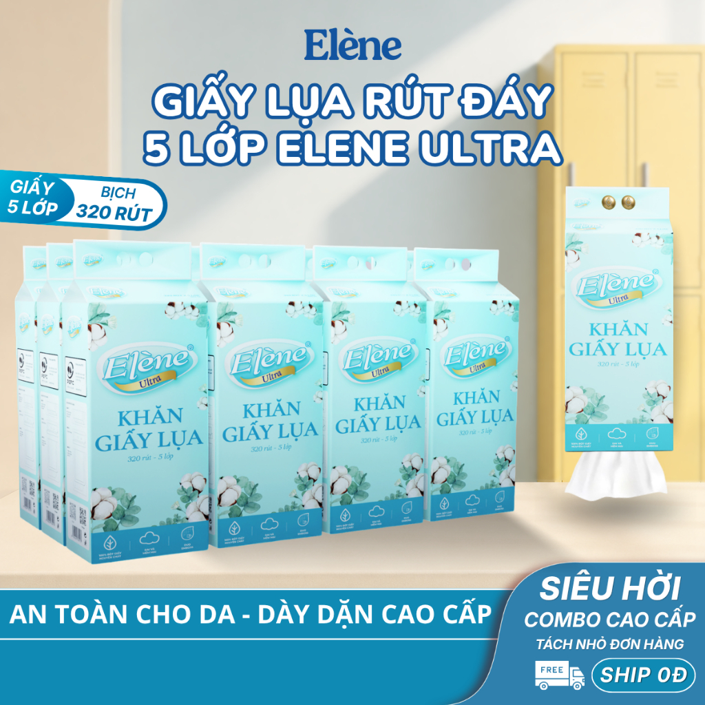 COMBO 10/6 BỊCH Khăn Giấy Lụa Rút Đáy Elène Ultra 5 Lớp 1600 Tờ Mềm Mịn, Cao Cấp
